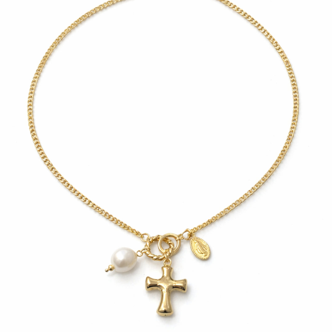 Detalles de Collar religioso de chapa de oro con cruz, perla de río y Virgen Milagrosa