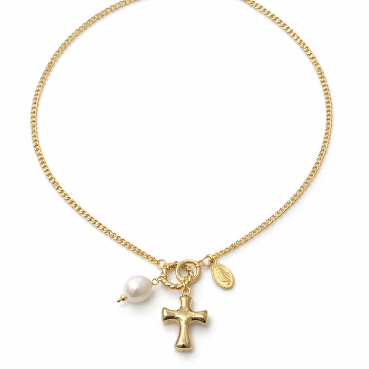 Detalles de Collar religioso de chapa de oro con cruz, perla de río y Virgen Milagrosa