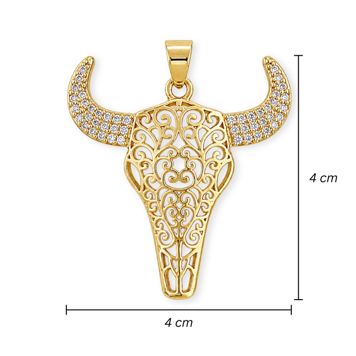 Medidas para Dije de cabeza de toro de chapa de oro con zirconia en los cuernos