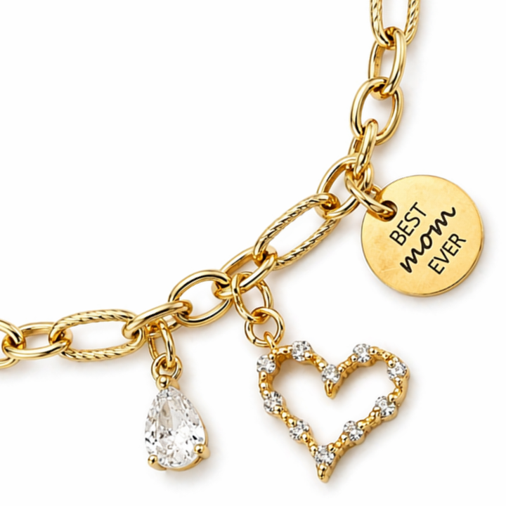 Detalles de Brazalete para mamá con dije Best Mom Ever, gota y corazón con zirconia de chapa de oro