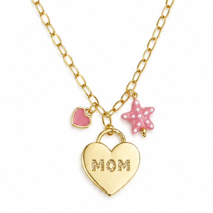Collar para mamá con corazón esmaltado, estrella de mar de murano y candado MOM con zirconia
