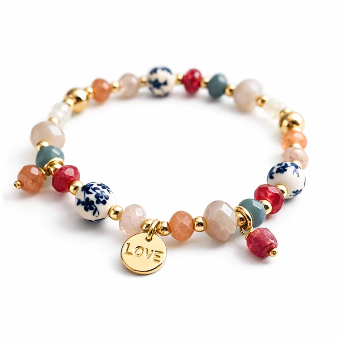 Detalles de Brazalete elástico con cerámica, jade, cristal y separadores de chapa de oro