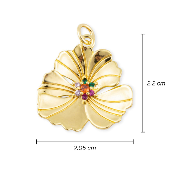 Medidas para Dije en forma de flor dorada con zirconias multicolor en el centro