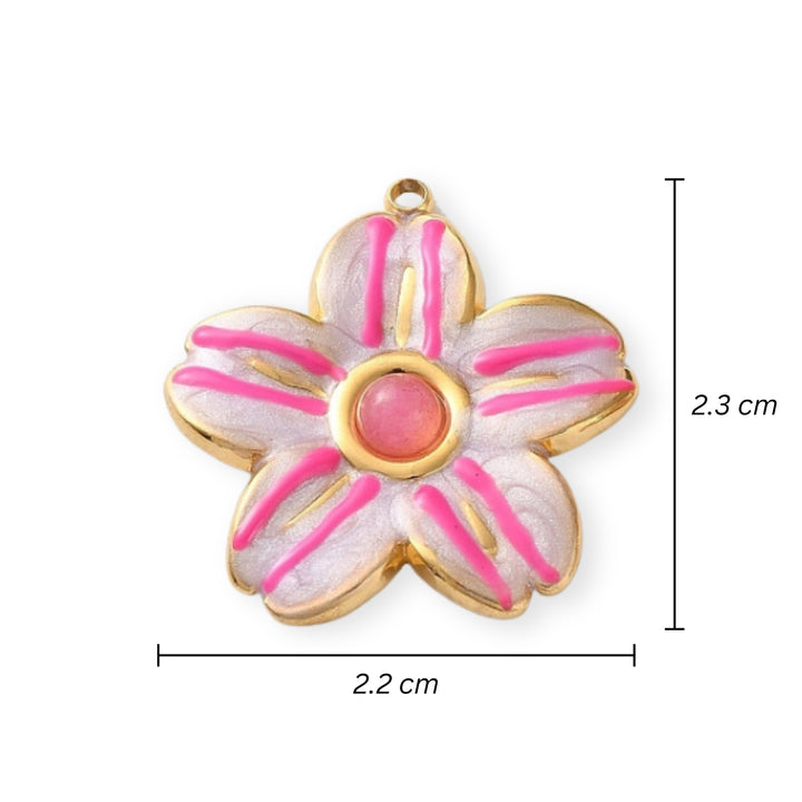 Medidas para Dije en forma de flor de acero inoxidable con esmalte rosa