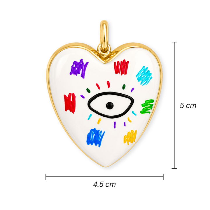 Medidas para Dije grande de corazón esmaltado blanco con ojo central y detalles multicolor en chapa de oro. 