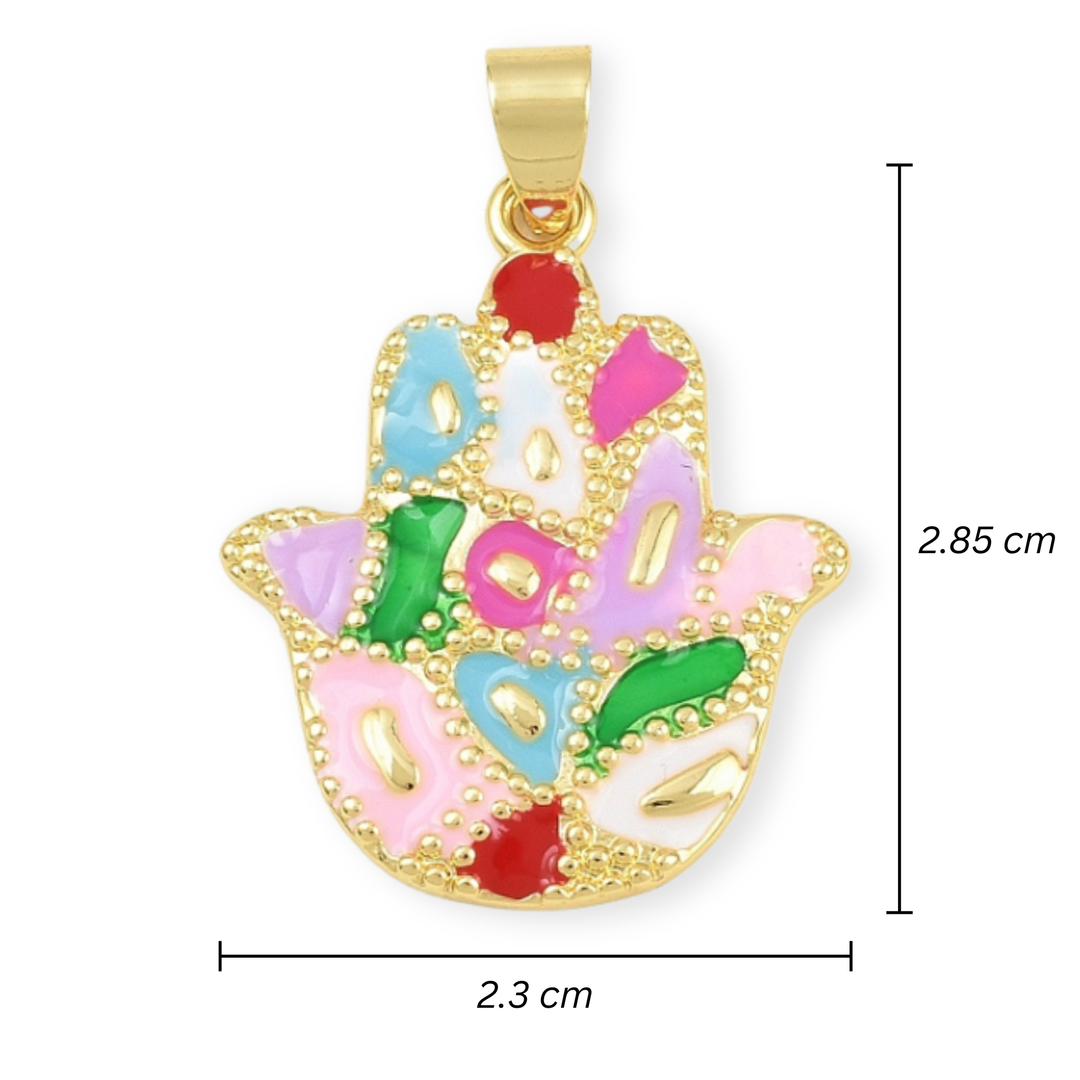 Medidas para Dije de Mano de Fátima de chapa de oro con zirconia y esmalte