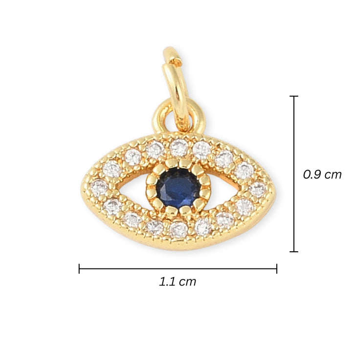 Medidas para Dije dorado en forma de ojo con zirconias y centro azul oscuro