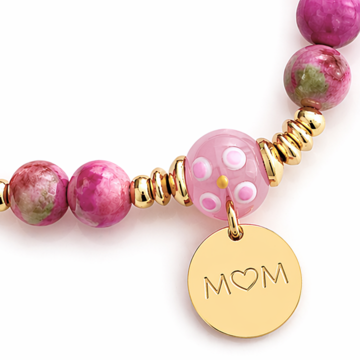 Detalles de Brazalete para mamá con murano, jade, separadores de chapa de oro y dije MOM de acero inoxidable