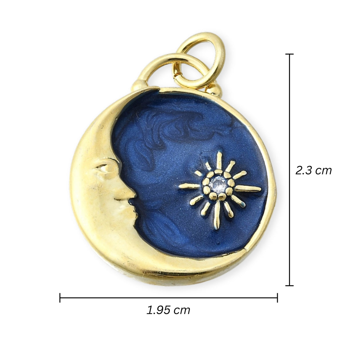 Medidas para Dije circular con luna y estrella en esmalte azul y zirconia