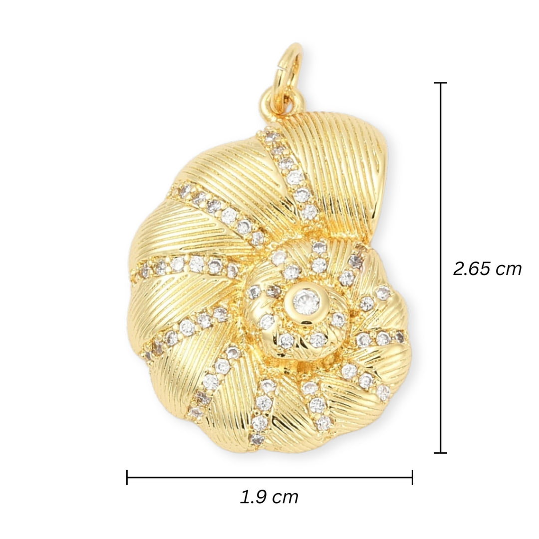 Medidas para Dije en forma de caracol de chapa de oro con zirconias decorativas alrededor