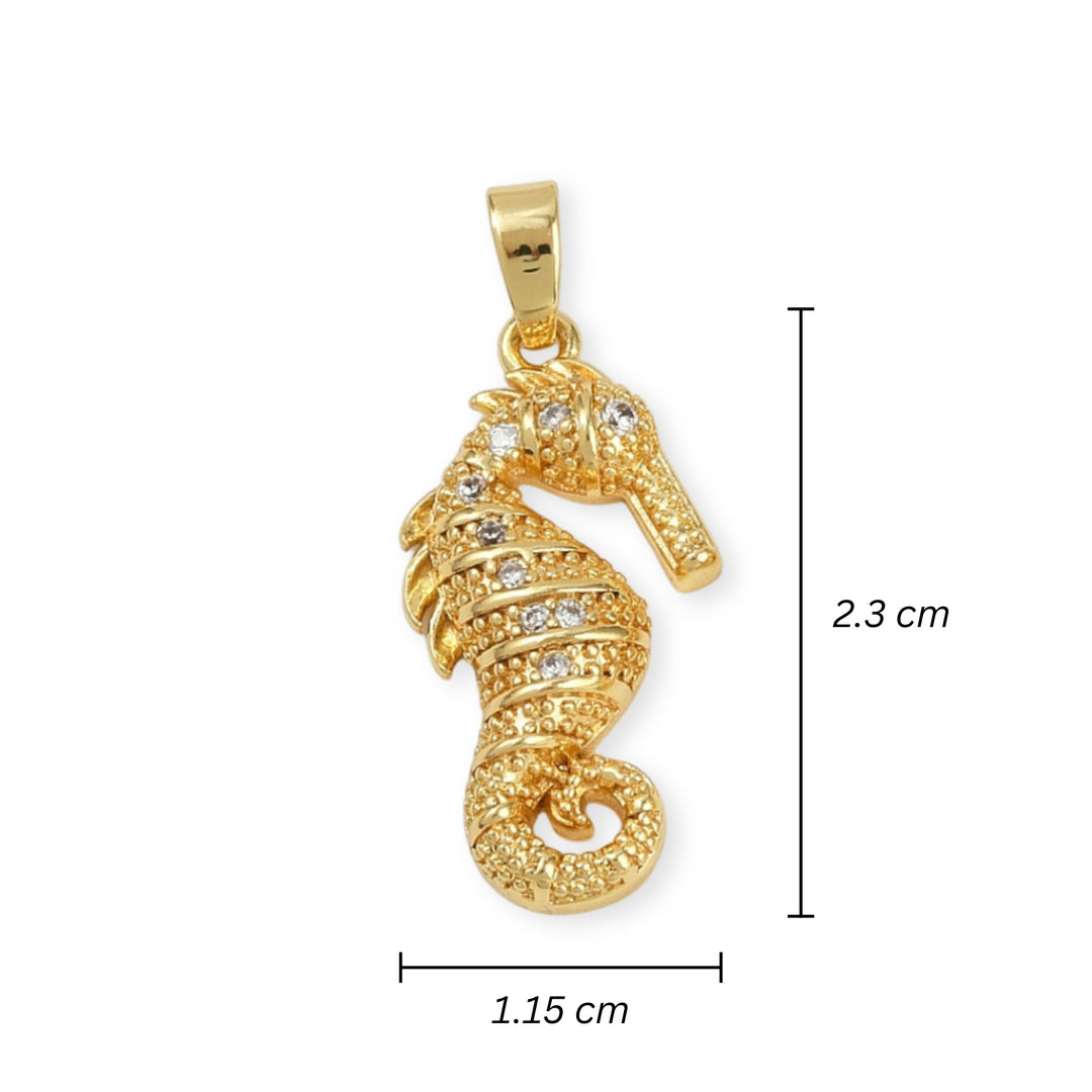 Medidas para Dije caballito de mar dorado en chapa de oro con zirconia brillante