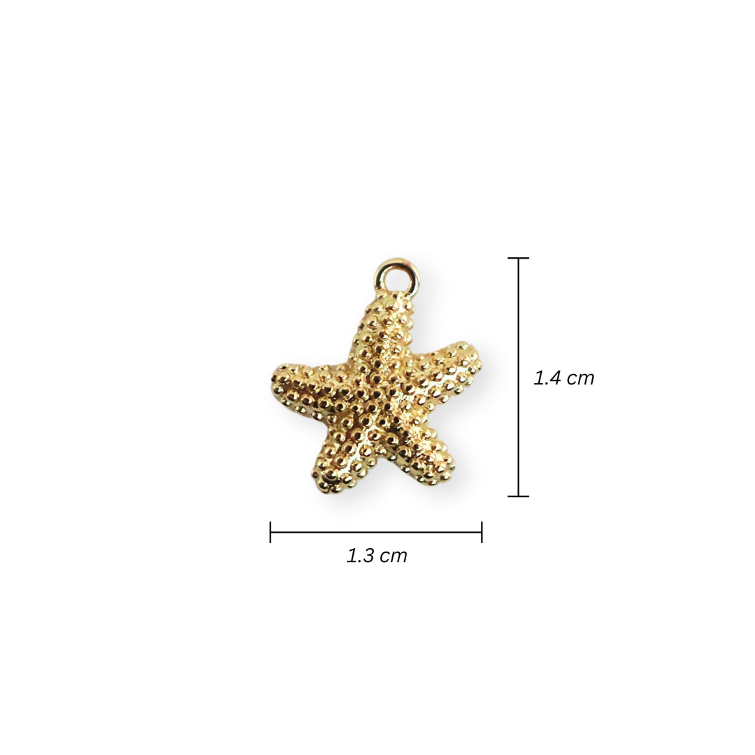 Medidas para dije de estrella de mar en chapa de oro con textura de puntos sobre fondo blanco