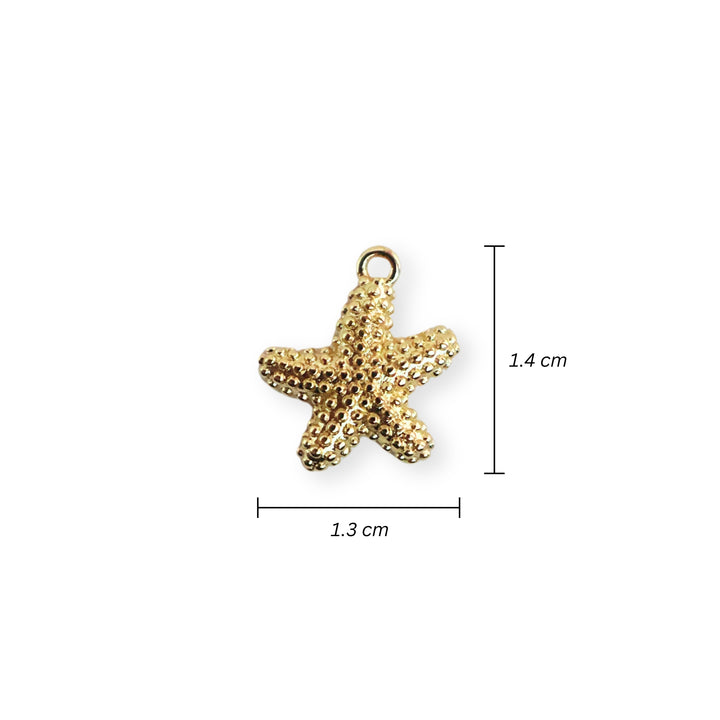 Medidas para dije de estrella de mar en chapa de oro con textura de puntos sobre fondo blanco