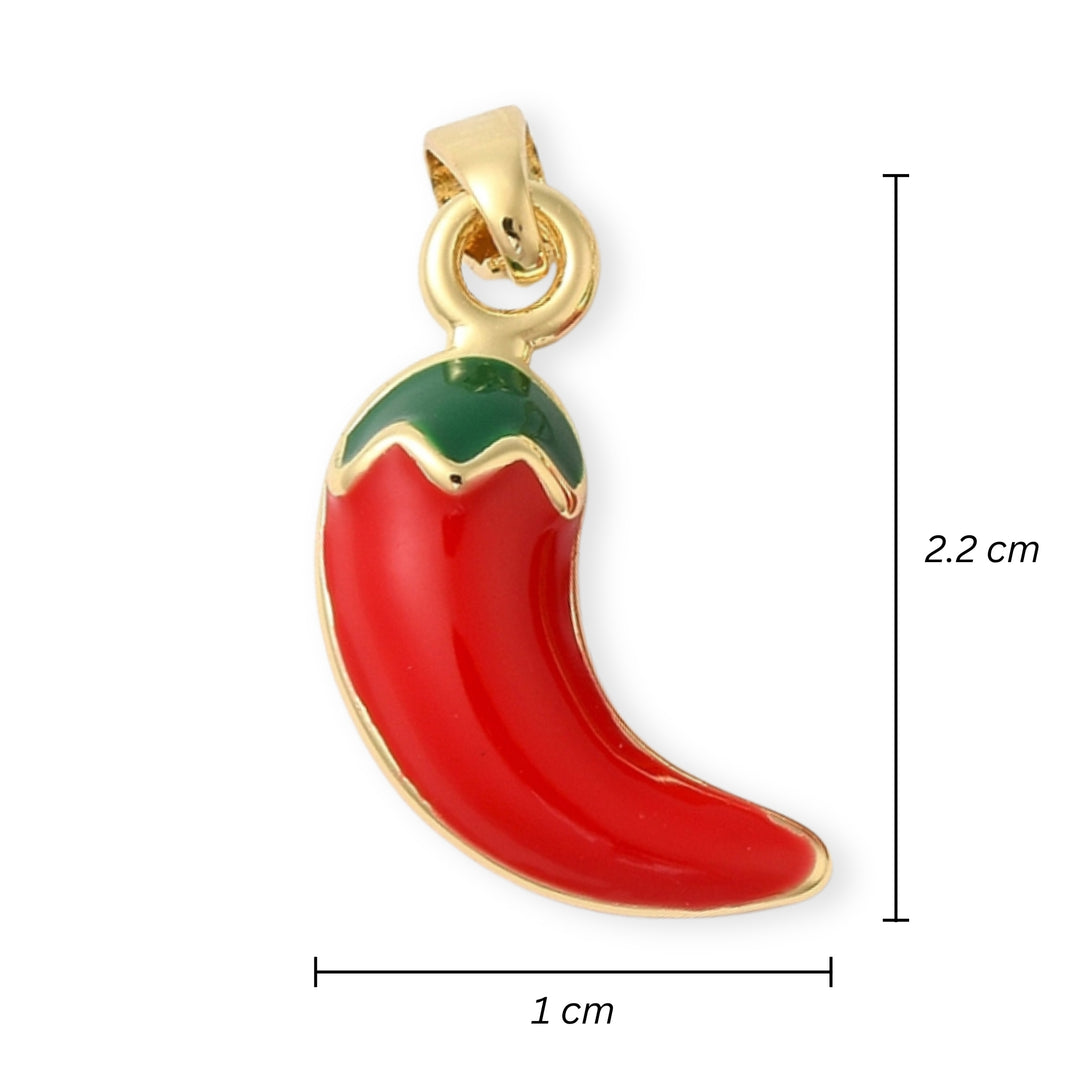 Medidas para Dije en forma de chile esmaltado en rojo y verde sobre chapa de oro
