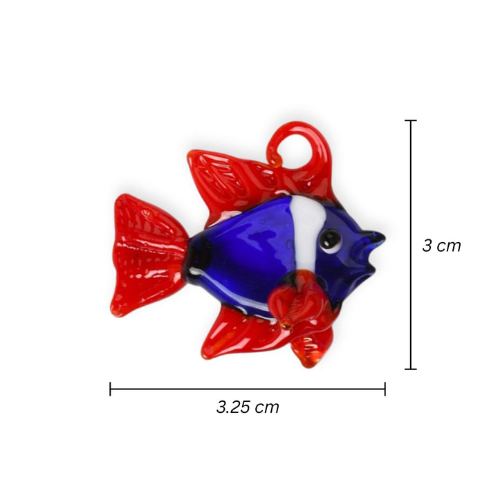 Medidas para Dije artesanal de murano en forma de pescado, colores vivos sobre fondo blanco