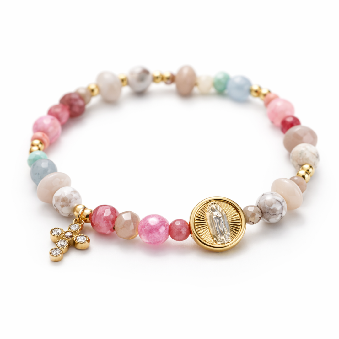 Detalles de Brazalete religioso con cruz de zirconia y Virgen de chapa de oro