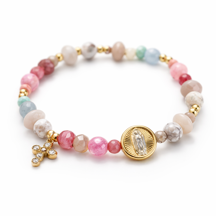 Detalles de Brazalete religioso con cruz de zirconia y Virgen de chapa de oro