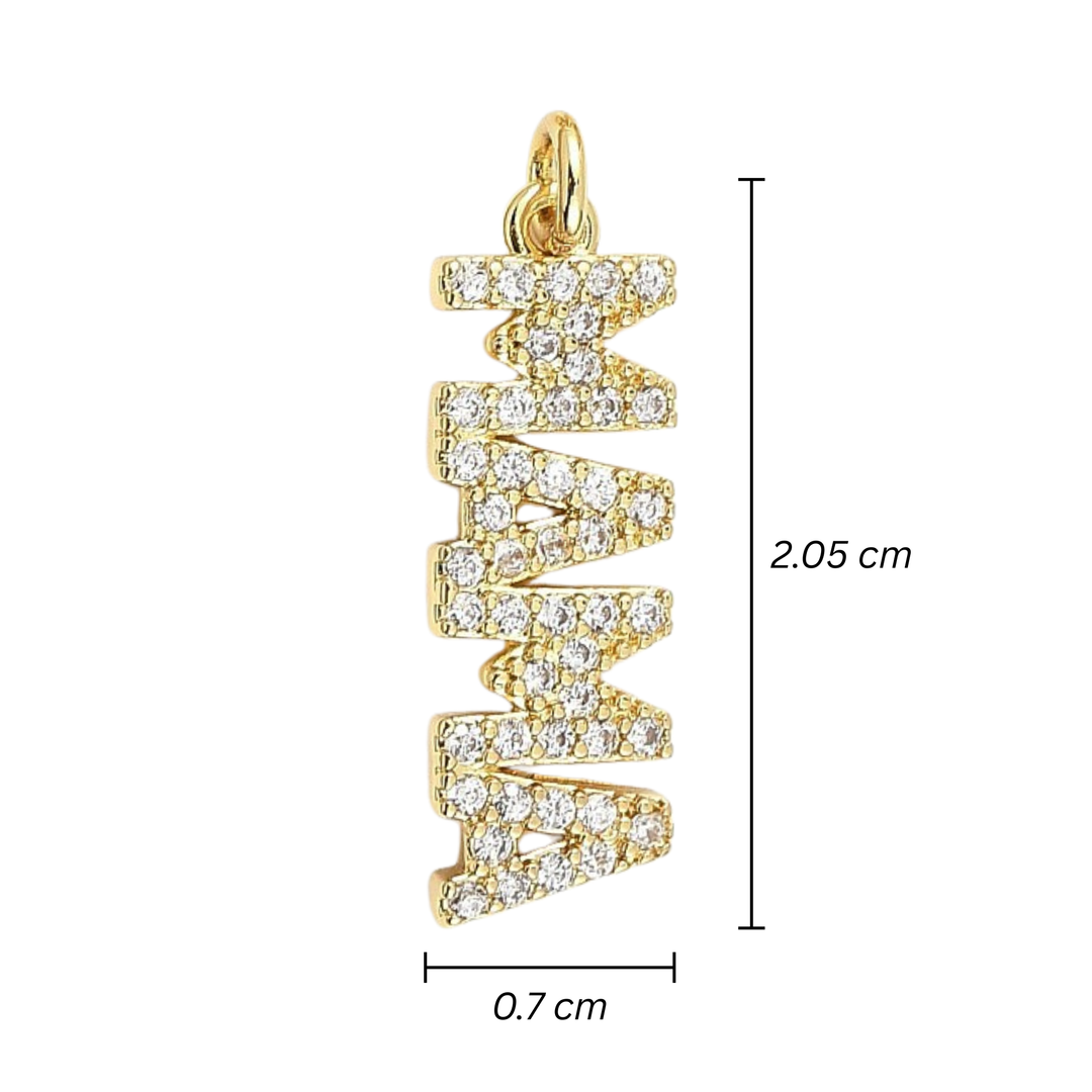 Medidas para Dije MAMA de chapa de oro con zirconia