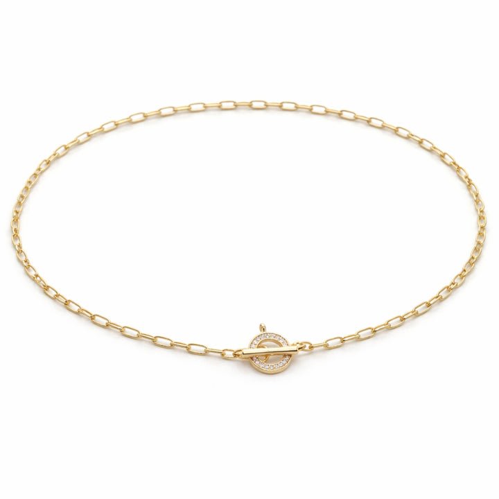 Detalles de Cadena de chapa de oro con broche circular tipo T con zirconia