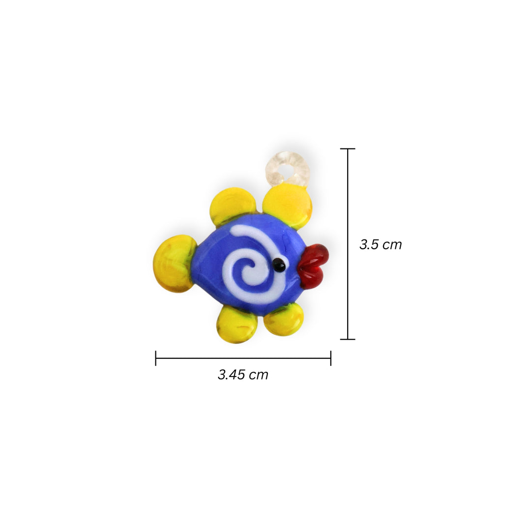 Medidas para dije de murano en forma de pez amarillo con azul y espiral blanca