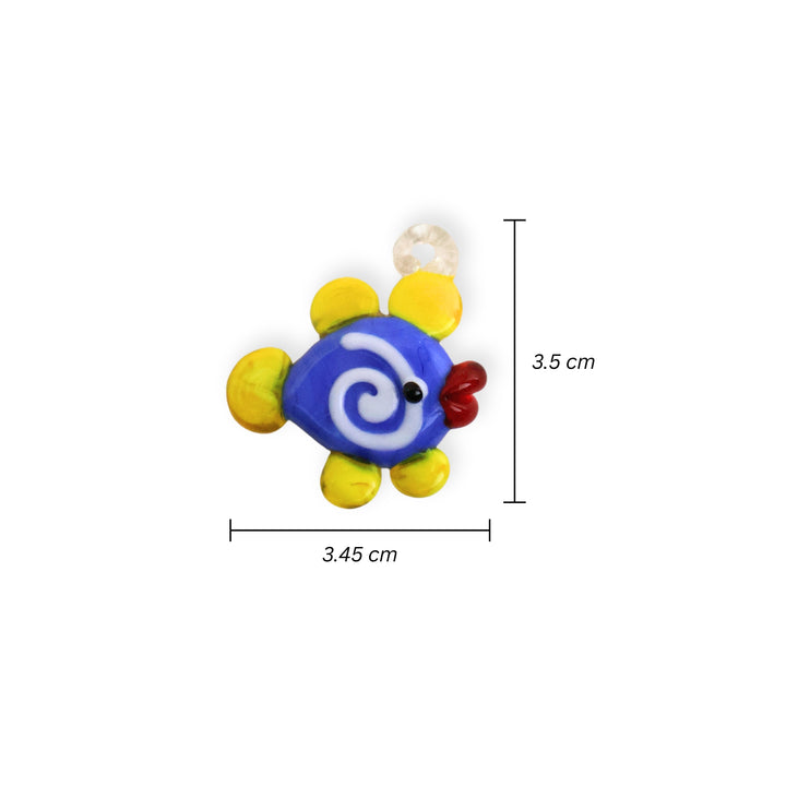 Medidas para dije de murano en forma de pez amarillo con azul y espiral blanca