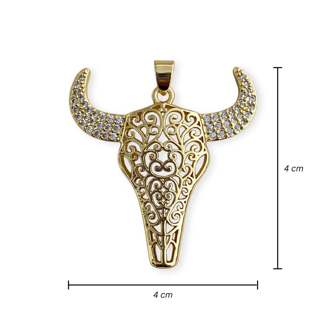 Medidas para Dije de cabeza de toro de chapa de oro con zirconia en los cuernos