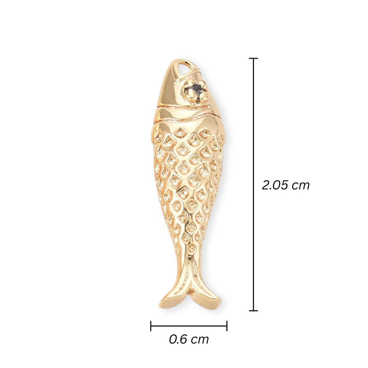 Medidas para Dije en forma de pez dorado en chapa de oro con zirconia en el ojo