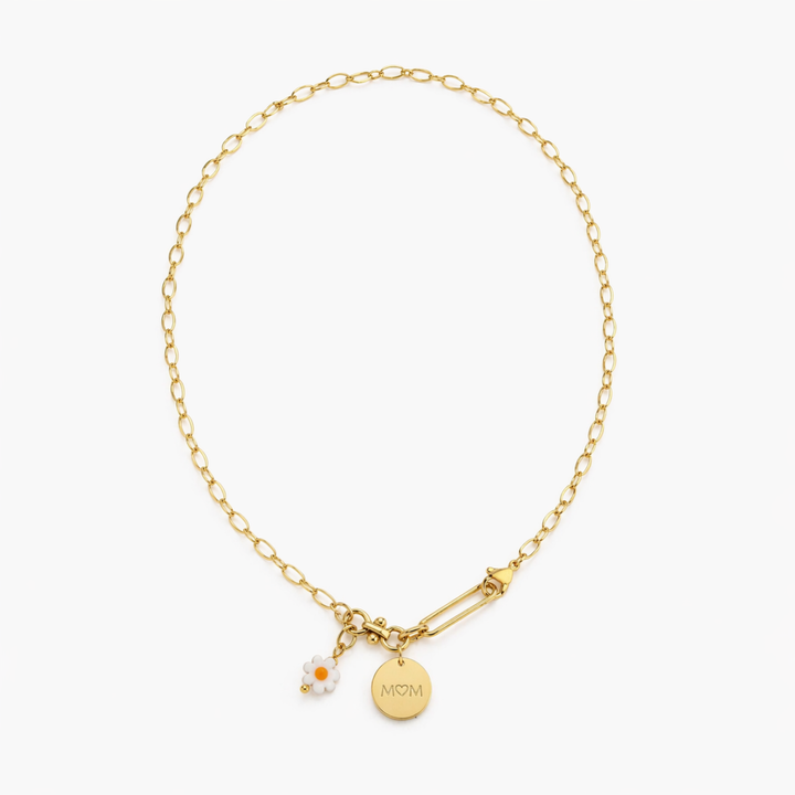 Detalles de Collar para mamá con flor de resina y dije MOM de acero inoxidable