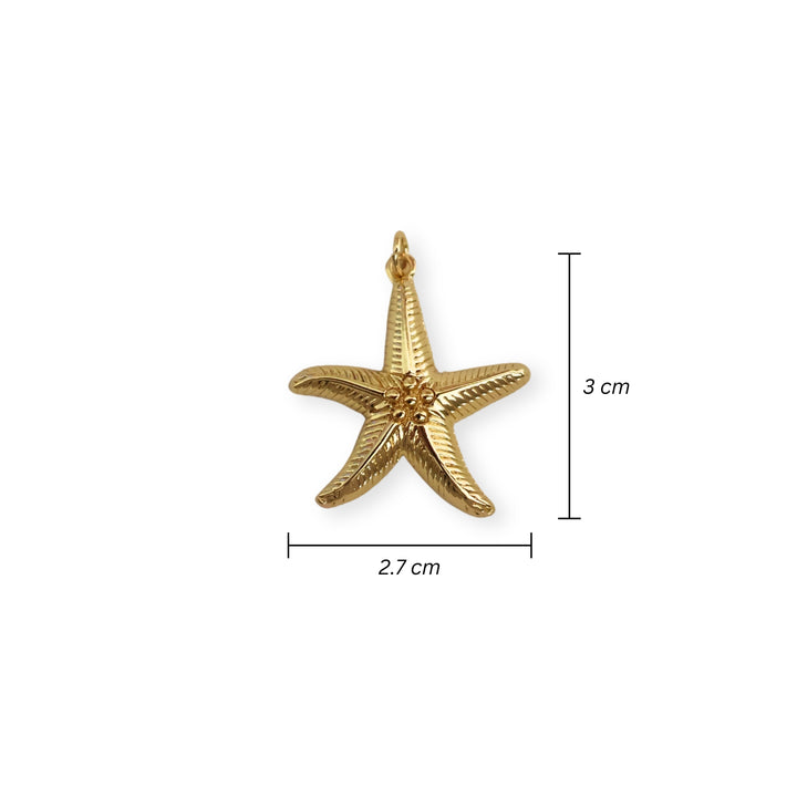 Medidas para dije en forma de estrella de mar dorada con detalle de bolitas en el centro