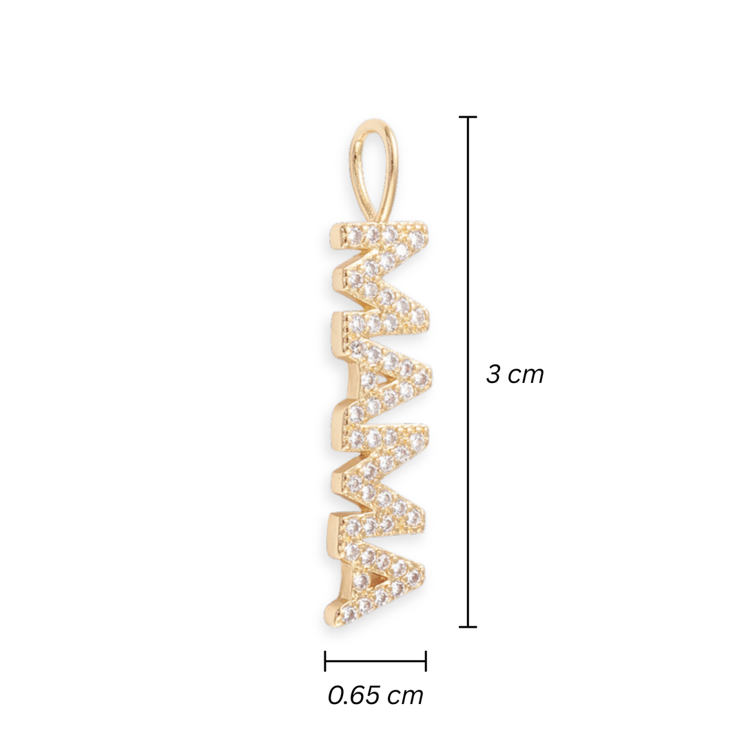 Medidas para Dije MAMA de chapa de oro con zirconia