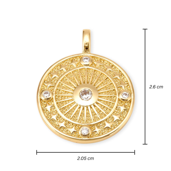 Medidas para Dije circular de sol de chapa de oro con zirconia