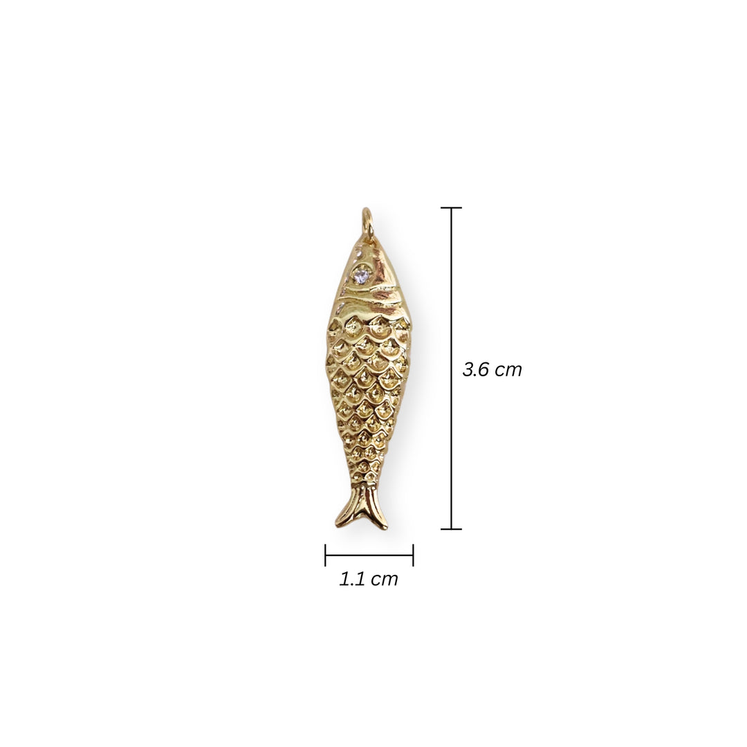 Medidas para dije en forma de pez de chapa de oro con zirconia en el ojo