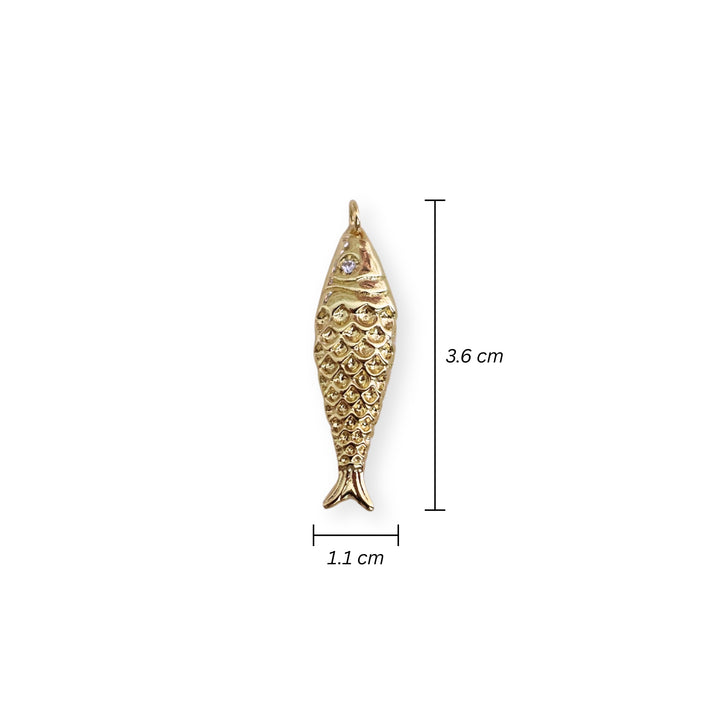 Medidas para dije en forma de pez de chapa de oro con zirconia en el ojo