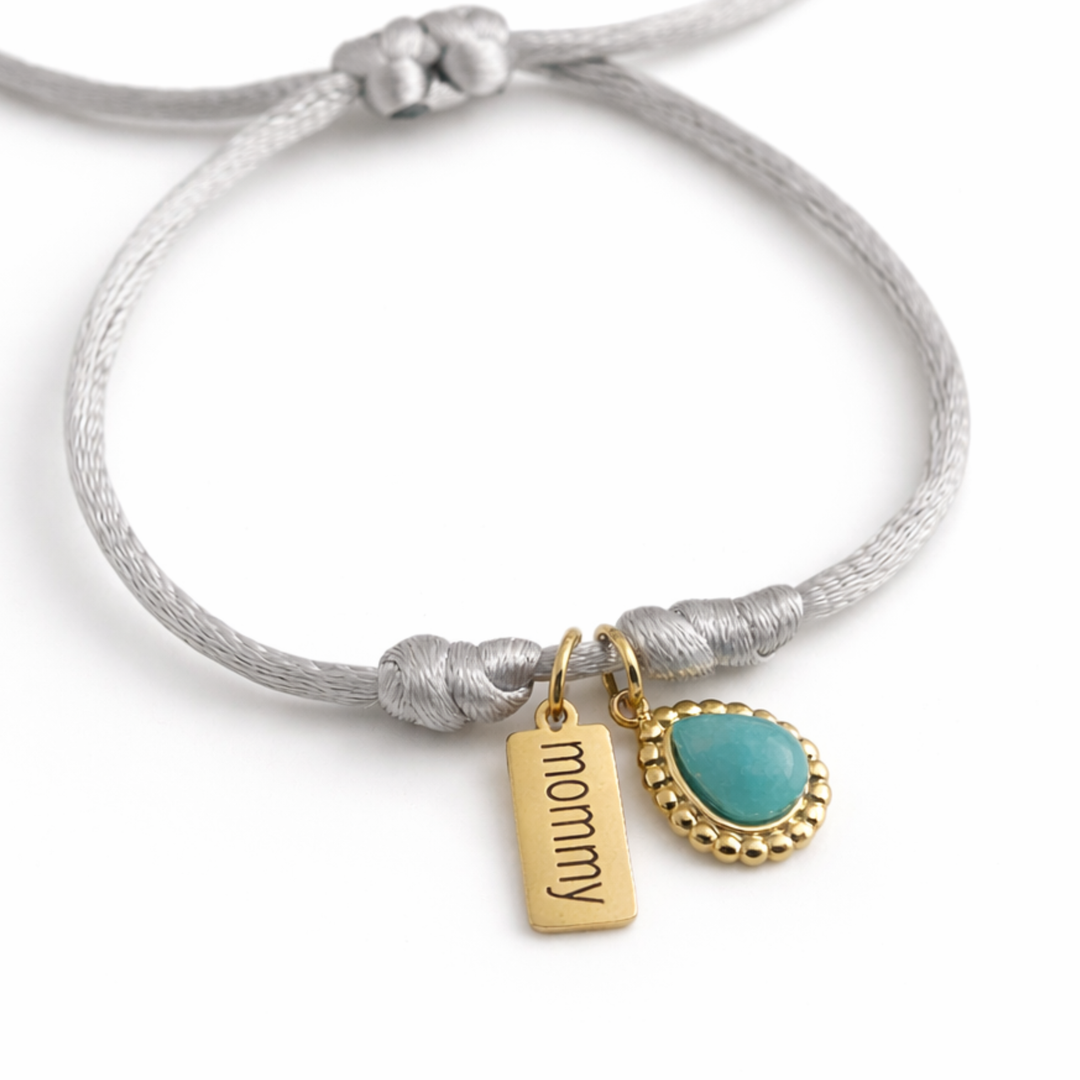 Detalles de Pulsera Bisel ajustable de cordón con dije Mommy y gota de turquesita