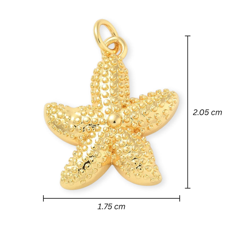 Medidas para Dije de estrella de mar en chapa de oro con textura de puntos sobre fondo blanco