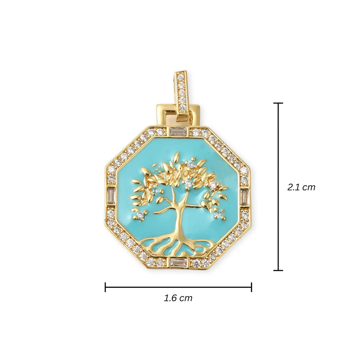 Medidas para Dije octagonal del Árbol de la Vida de chapa de oro con esmalte y zirconia