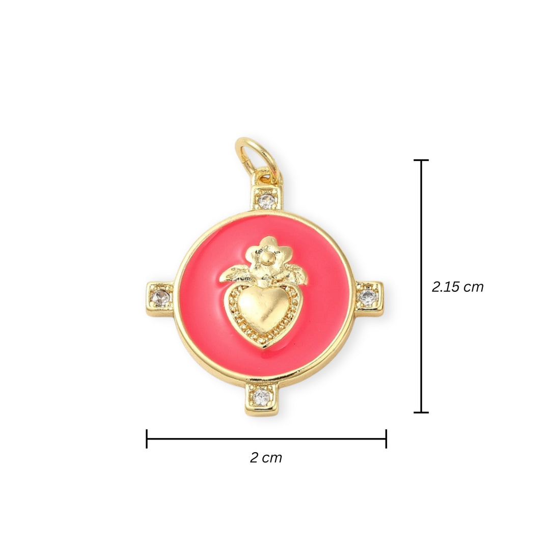 Medidas para Dije circular de corazón de chapa de oro cubierto con esmalte