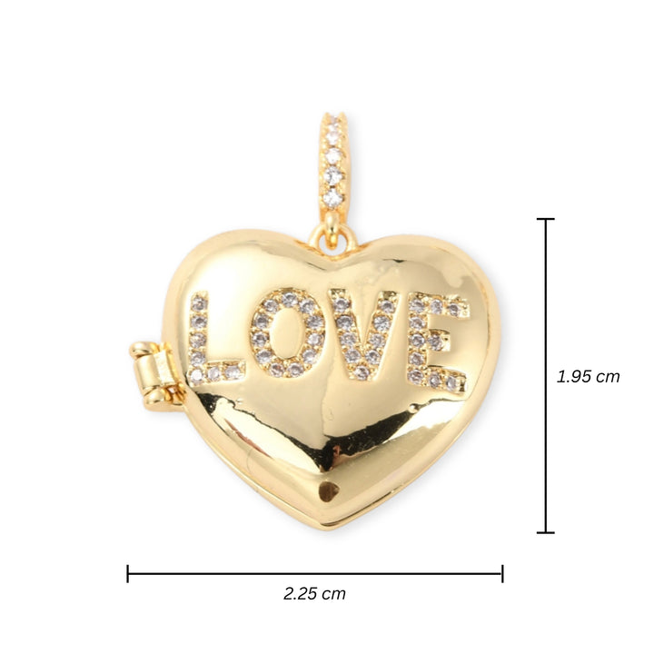 Medidas para Dije relicario en forma de corazón con palabra Love en zirconia