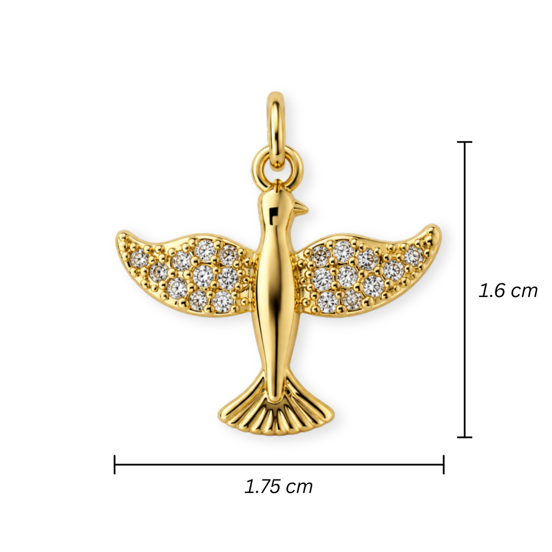 Medidas para Dije en forma de ave de chapa de oro con zirconia