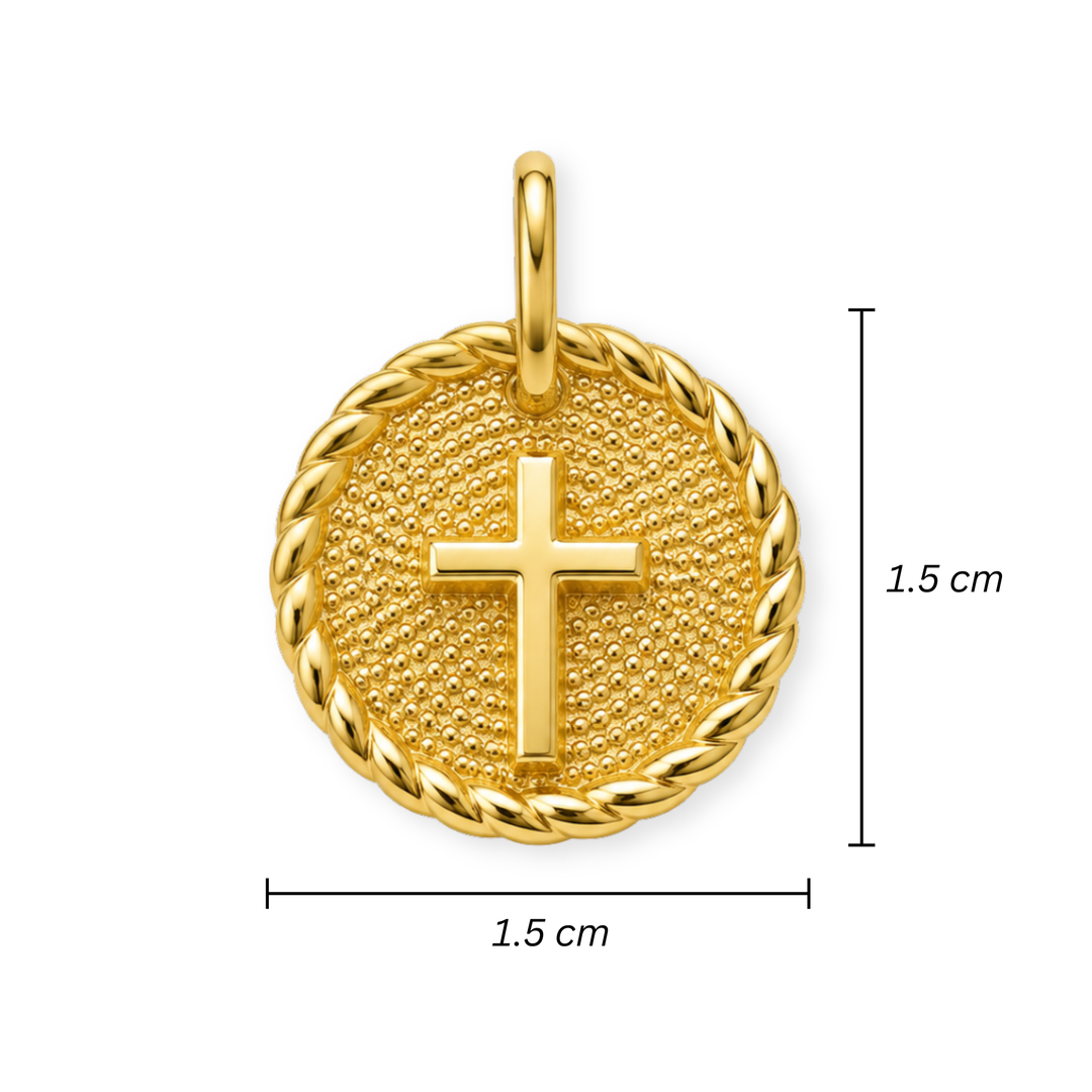 Medidas para Dije circular de cruz de chapa de oro