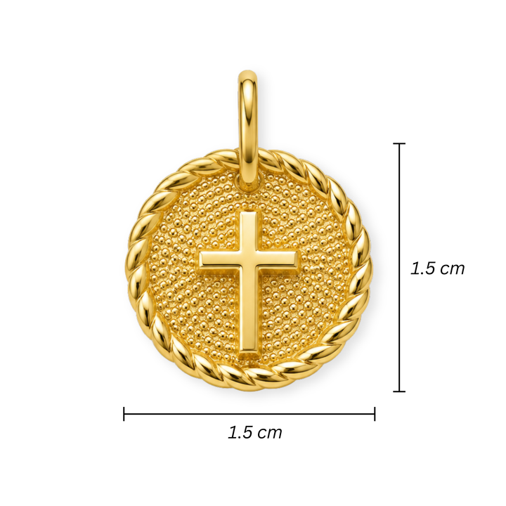 Medidas para Dije circular de cruz de chapa de oro