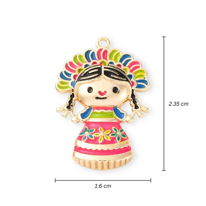 Medidas para Dije muñeca Lele esmaltada en colores vivos sobre chapa de oro