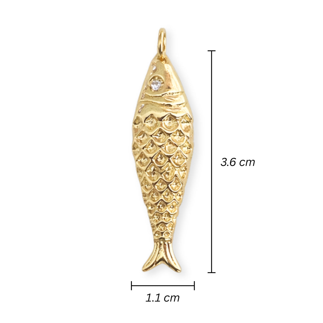 Medidas para Dije en forma de pez de chapa de oro con zirconia en el ojo