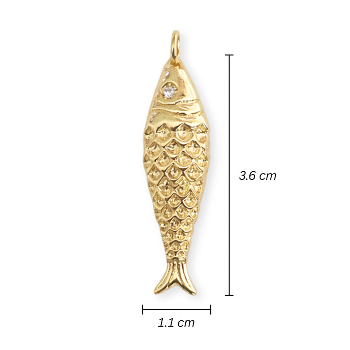 Medidas para Dije en forma de pez de chapa de oro con zirconia en el ojo