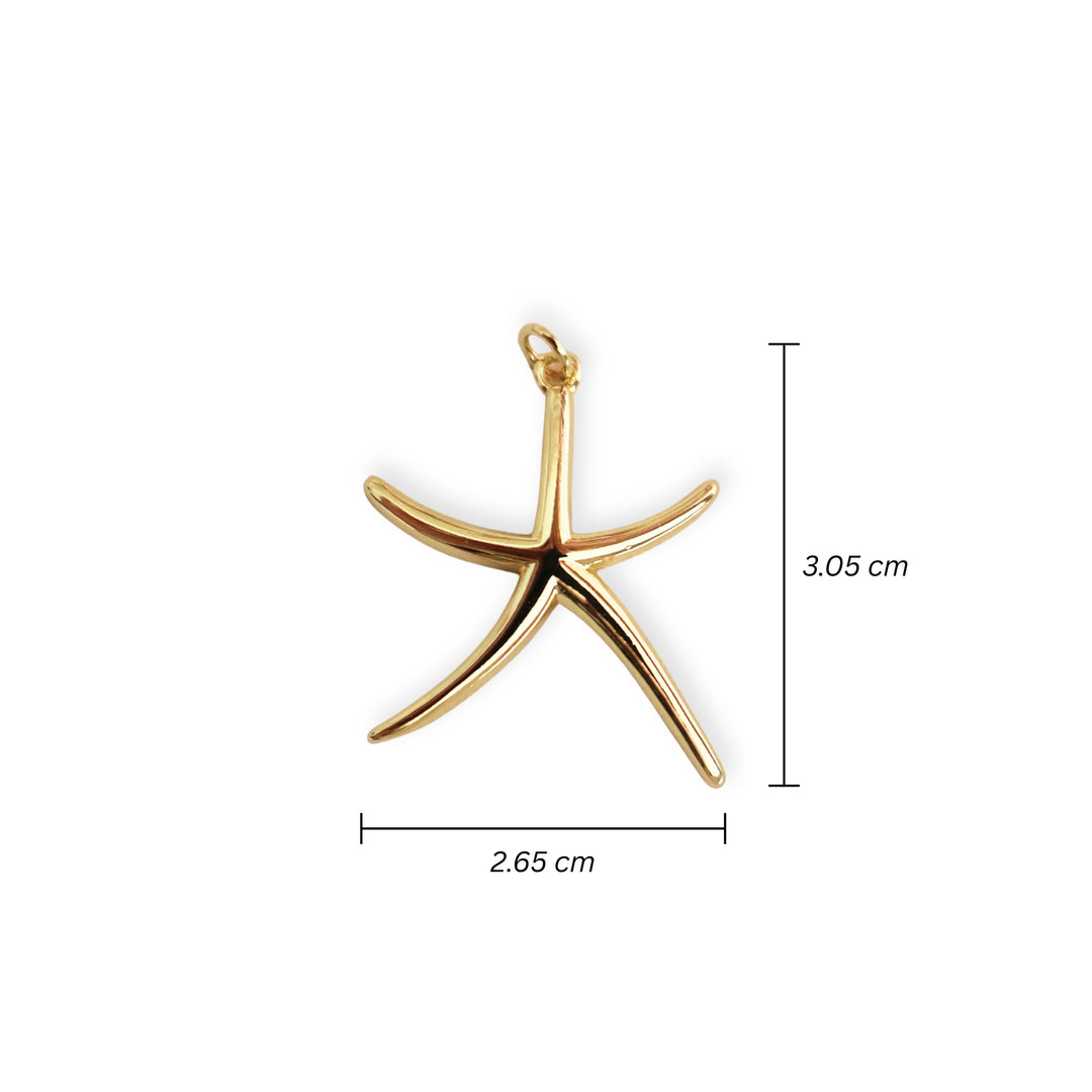 Medidas para dije en forma de estrella de mar elaborado en chapa de oro sobre fondo blanco