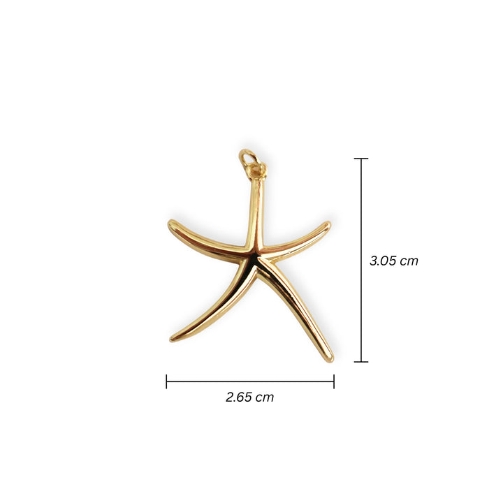 Medidas para dije en forma de estrella de mar elaborado en chapa de oro sobre fondo blanco