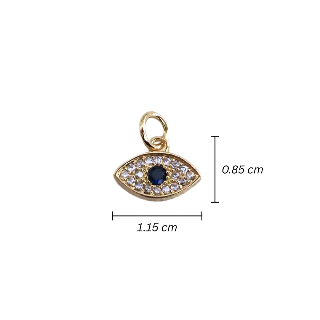 Medidas para dije en forma de ojo dorado en chapa de oro con zirconia al centro