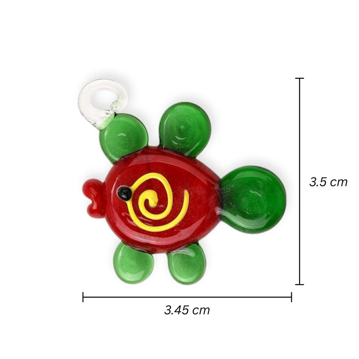 Medidas para Dije de murano en forma de pez, colores rojo oscuro y verde con espiral amarillo