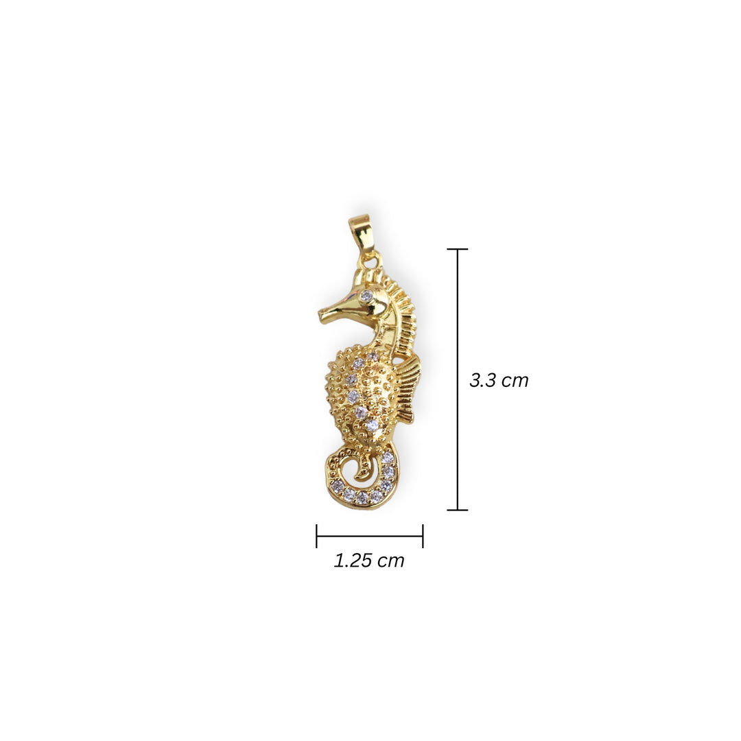 Medidas para dije en forma de caballito de mar de chapa de oro con zirconia