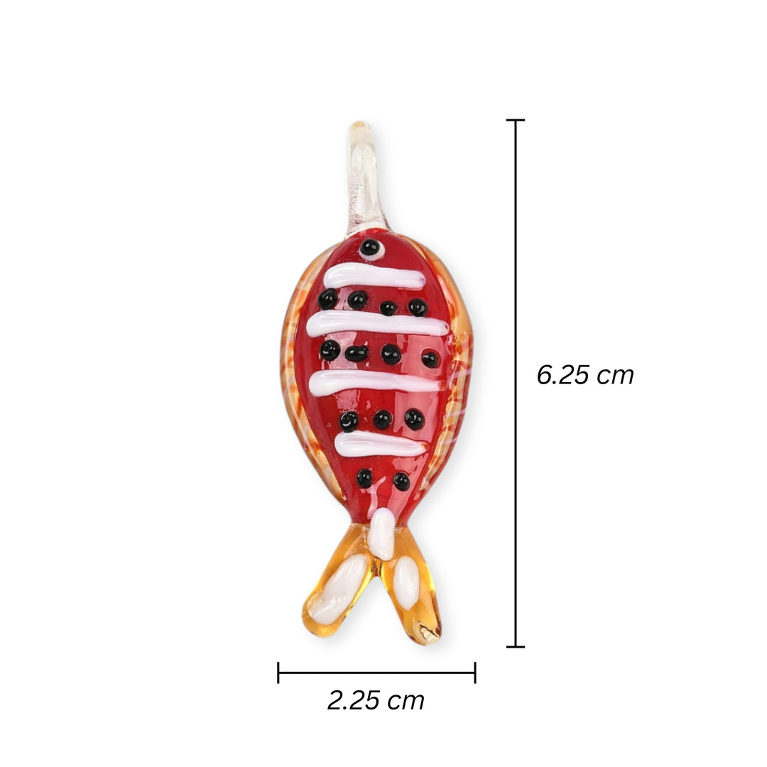 Medidas para Dije grande de murano en forma de pez rojo con puntos negros y rayas blancas